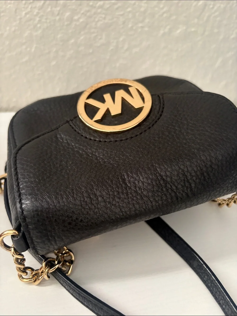 Michael Kors Black Leather Crossbody with Gold MK Emblem